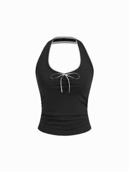 Cider - Cotton Blend Women Ruched Halter Neck Cami Top Black