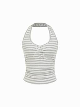Cider - Cotton Blend Women’s Halter Neck Ruched Cami Top White & Grey