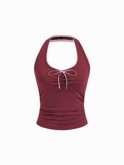 Cider - Cotton Blend Women Ruched Halter Neck Cami Top Wine