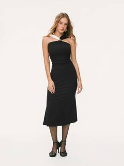 Cider - Two Tone Women's Ruched Slim Mermaid Midi Dress Black