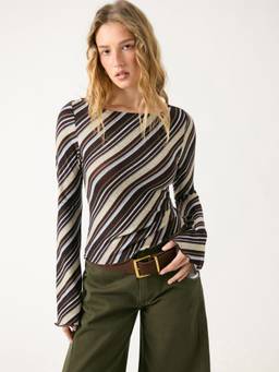 Cider - Striped Women’s Boat Neck Bell Sleeve Top Brown