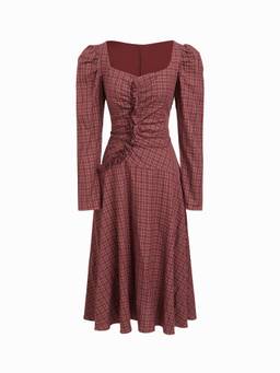 Cider - Tartan Plaid Women Ruched Ruffle Trim Maxi Dress Wine
