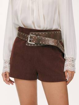 Cider - Corduroy Women's Mid-Waist Belted Shorts Burgundy