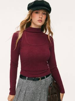 Cider - Cotton-Blend Women High Neck Long Sleeve Tee & Tank Top Burgundy