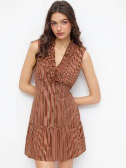 Cider - Striped Ruffled Women's V-Neck Tie-Back Mini Dress Wine