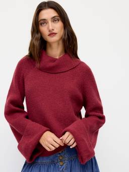 Cider - Knit Women's Turtleneck Bell Sleeve Sweater Wine