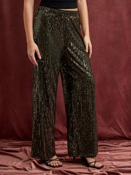 Cider - Sequins Women Mid-Waist Wide-Leg Trousers Black