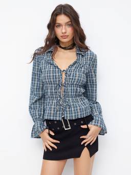 Cider - Cotton Blend Women V-Neck Tie-Up Checked Blouse Blue