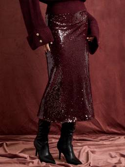 Cider - Sequined Women’s Mid-Rise Mermaid Maxi Skirt Burgundy
