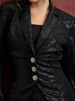 Cider - Sequin Collar Women’s Lace-Up Rhinestone Button Blazer Black