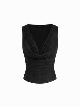 Cider - Rhinestone Women's Ruched Cowl Neck Tank Top Black