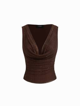 Cider - Rhinestone Women's Ruched Cowl Neck Tank Top Coffee