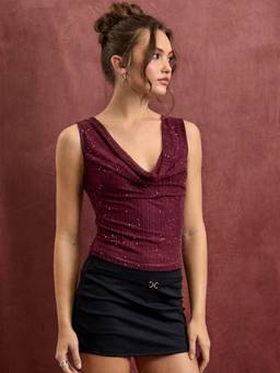 Cider - Rhinestone Women's Ruched Cowl Neck Tank Top Wine