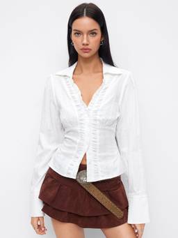 Cider - Cotton Blend Women's V-Neck Ruffle Button-Down Blouse White
