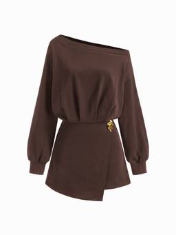 Cider - Cotton Blend Women’s Oversized Asymmetrical Neck Mini Dress Brown