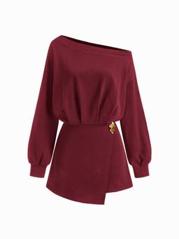 Cider - Cotton Blend Women's Oversized Asymmetrical Neck Mini Dress Wine