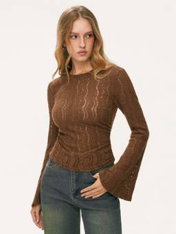Cider - Floral Lace Women Ruched Zipper Bell Sleeve Top Coffee