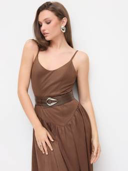 Cider - Women's Ruched Flared Maxi Dress With Belt Brown