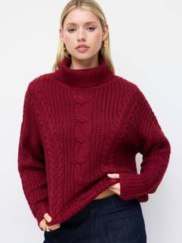 Cider - Cable Knit Women's Oversized Turtle Neck Sweater Wine