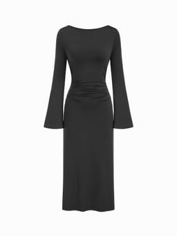 Cider - Backless Ruched Women's Boat Neck Bell Sleeve Maxi Dress Black