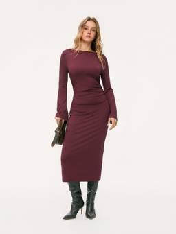 Cider - Ruched Backless Women's Boat Neck Bell Sleeve Maxi Dress Wine