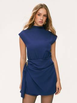 Cider - Stand Collar Women's Draped Metal Decor Drawstring Playsuit Navy Blue