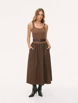 Cider - U-Neck Women's Belted Flared Maxi Dress Brown