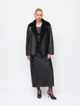 Cider - Faux Shearling Collar Women's Oversized Button Jacket Black