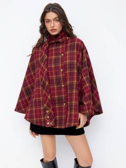 Cider - Wool-Look Women Plaid Cloak Sleeve Oversized Coat Wine