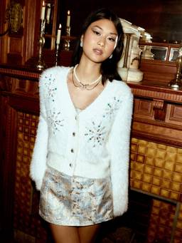 Cider - Knit Women’s Rhinestone Button V-Neck Cardigan White