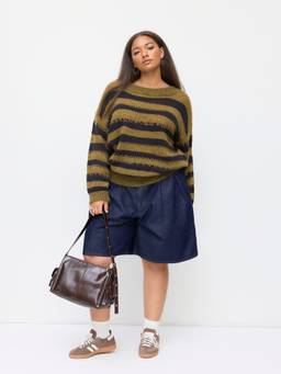 Cider - Wool-Blend Women's Striped Boat Neck Pullover Sweater Olive