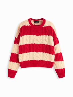 Cider - Cable Knit Women’s Oversized Striped Round Neck Sweater Red