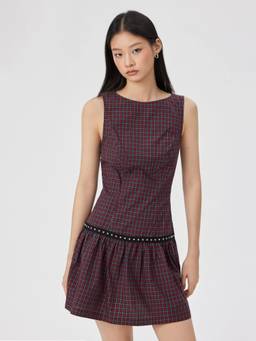 Cider - Cotton Blend Women's Plaid Studded A-Line Mini Dress Wine