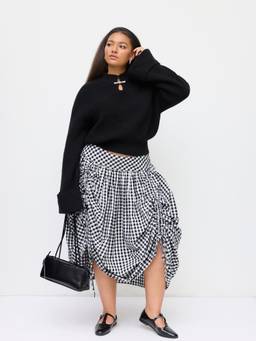 Cider - Cotton-Blend Women’s Gingham Drawstring Ruffle Hem Maxi Skirt Black