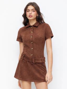 Cider - Suede Polo Women's Button Front Belted Mini Dress Brown