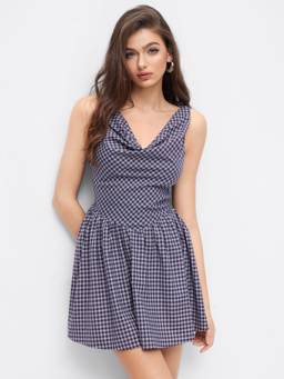 Cider - Plaid Women's Cowl Neck Zipper Flared Mini Dress Purple