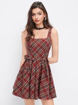 Cider - Cotton Women's Plaid Bowknot Scoop Neck Mini Dress Red