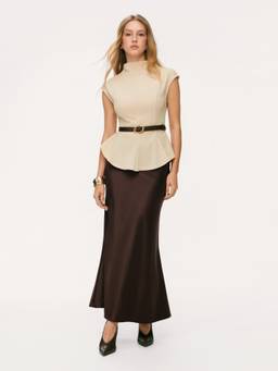 Cider - Cinched Waist Women's Stand Collar Skirt Set Cream