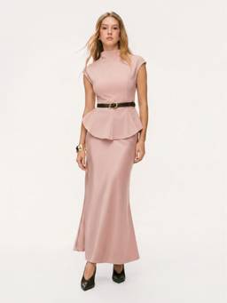 Cider - Cinched Waist Women High Neck Skirt Set Peach