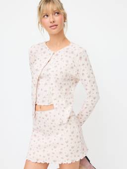 Cider - Pointelle Women's Ditsy Floral Lettuce Trim Skirt Set Pink