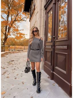 Cider - Knit Wool-blend Women's Belted Asymmetrical Neck Mini Dress Dark Grey