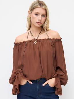 Cider - Chiffon Women Ruffled Asymmetrical Neck Bodysuit Brown