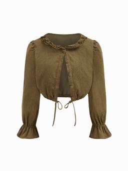 Cider - Corduroy Women's Lettuce Trim Drawstring Crop Top Olive