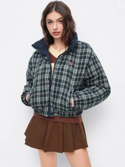 Cider - Reversible Women's Tartan Stand Collar Zip Puffer Jacket Navy Blue