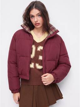 Cider - Reversible Women's Tartan Zip-Through Stand Collar Puffer Jacket Wine