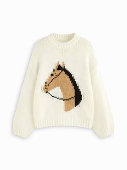 Cider - Chunky Knit Women's Oversized Horse Graphic Pullover Sweater White