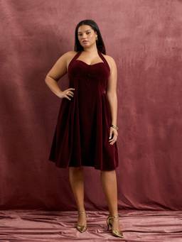 Cider - Velvet Women's Halter Neck Ruffle Knotted Midi Dress Burgundy