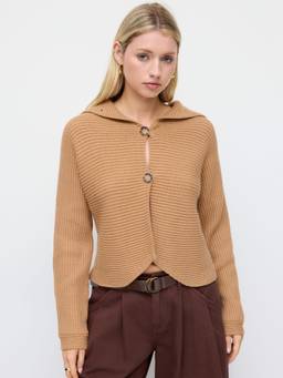 Cider - Knit Collar Women's Oversized Button-Up Cardigan Tan
