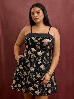 Cider - Jacquard Floral Women's Bandeau A-Line Mini Dress Black