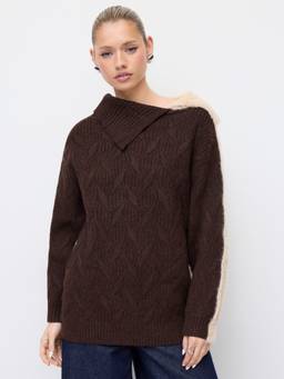 Cider - Cable Knit Women Two-Tone Asymmetrical Neck Top Coffee